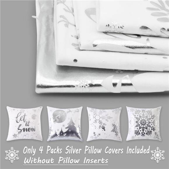Set of 4, Christmas Decorations Silver and White Christmas Pillow Covers 18x18" - Picture 5 of 9